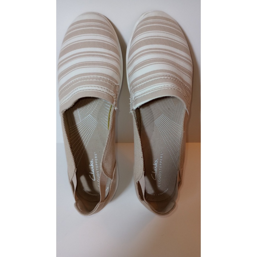 Clarks Cloudsteppers Canvas Slip-Ons Breeze Step Striped Sz 9 A465891 Tan Cream - Picture 1 of 4